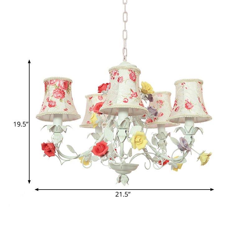 5 Heads Floral Print Fabric Chandelier White-Red Pendant Light - Rebooters