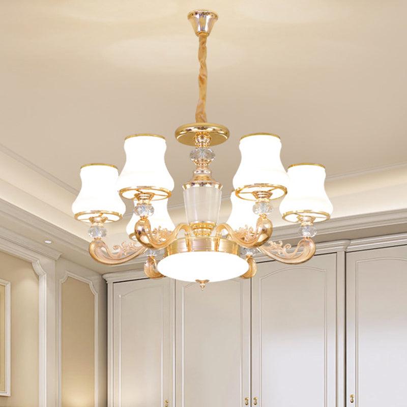 6-Head Milk Glass Hanging Chandelier Modern Gold Carved Arm - Rebooters
