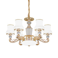 6-Head Milk Glass Hanging Chandelier Modern Gold Carved Arm - Rebooters