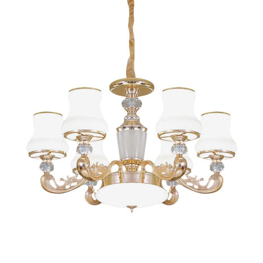 6-Head Milk Glass Hanging Chandelier Modern Gold Carved Arm - Rebooters