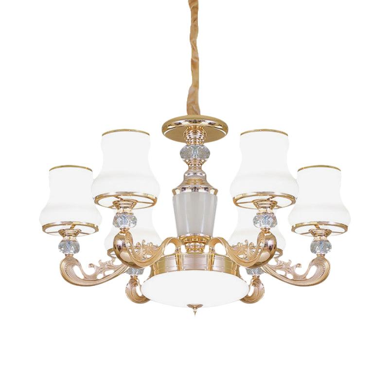6-Head Milk Glass Hanging Chandelier Modern Gold Carved Arm - Rebooters