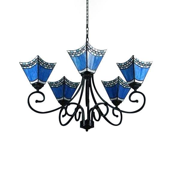 5 Lights Trapezoid Chandelier Lighting Blue Glass Nautical Pendant Light - Rebooters