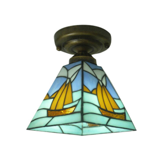 Nautical Sailboat Flush Light Stained Glass Ceiling Light Blue - Rebooters