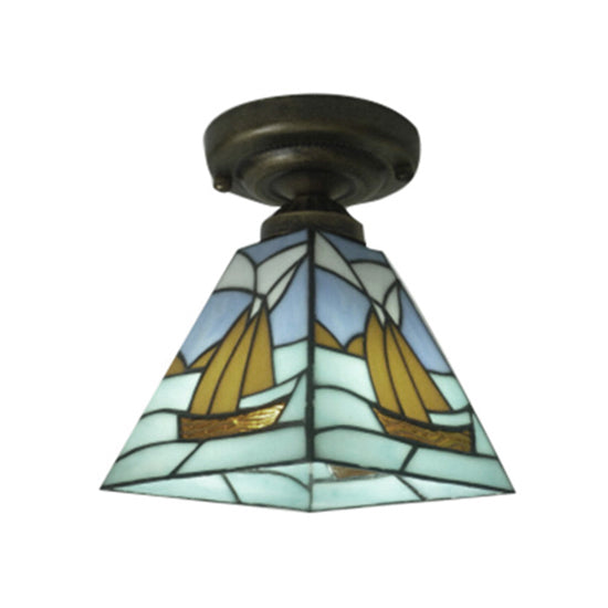 Nautical Sailboat Flush Light Stained Glass Ceiling Light Blue - Rebooters