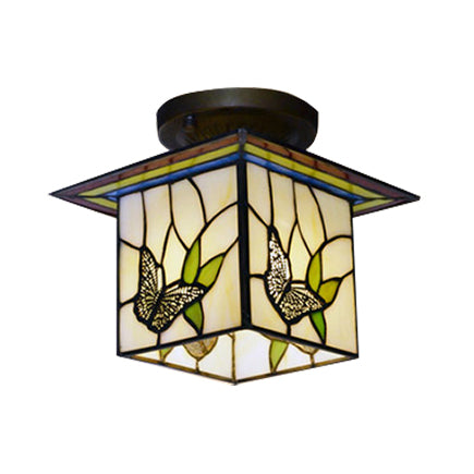 1 Light Butterfly Flush Light Mission Lodge Stained Glass - Rebooters