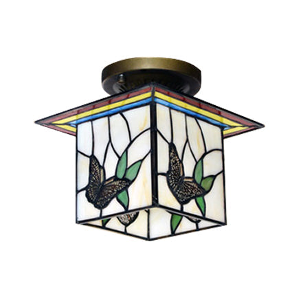 1 Light Butterfly Flush Light Mission Lodge Stained Glass - Rebooters