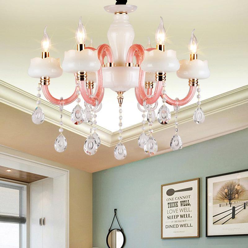 6-Light Pendant Chandelier Retro Candle Crystal Lamp in White and Pink - Rebooters
