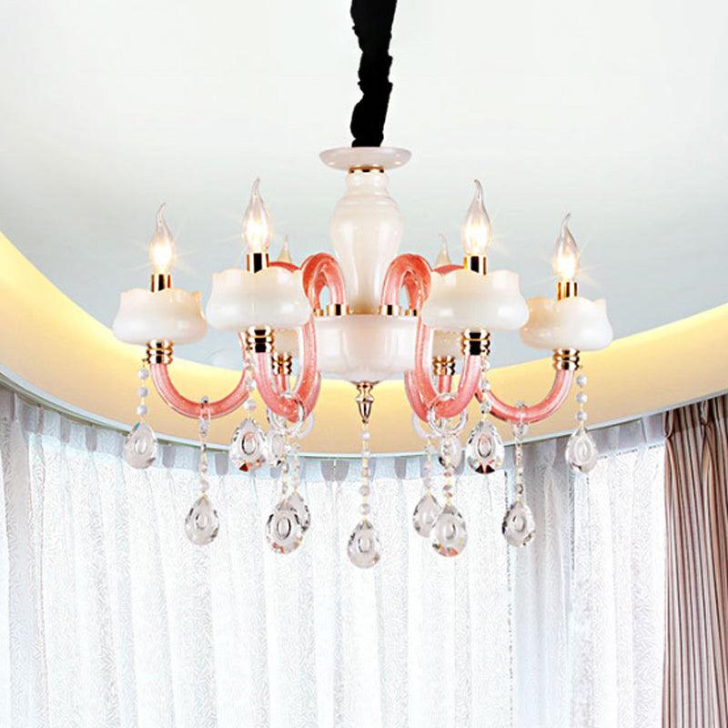 6-Light Pendant Chandelier Retro Candle Crystal Lamp in White and Pink - Rebooters