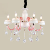 6-Light Pendant Chandelier Retro Candle Crystal Lamp in White and Pink - Rebooters