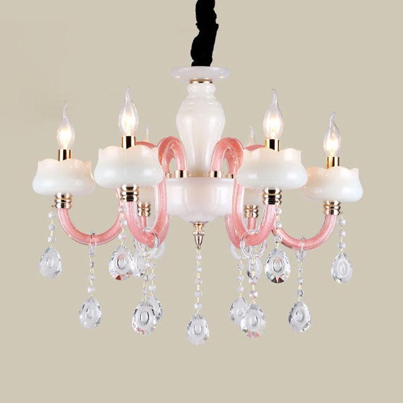 6-Light Pendant Chandelier Retro Candle Crystal Lamp in White and Pink - Rebooters