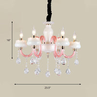 6-Light Pendant Chandelier Retro Candle Crystal Lamp in White and Pink - Rebooters