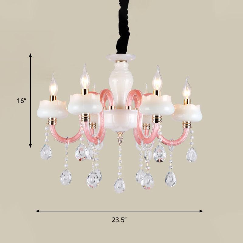 6-Light Pendant Chandelier Retro Candle Crystal Lamp in White and Pink - Rebooters