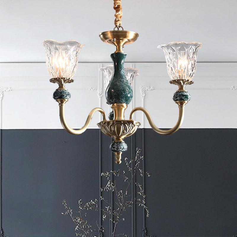 Clear Glass Bloom Hanging Light Antique 3/8 Heads Gold Chandelier - Rebooters