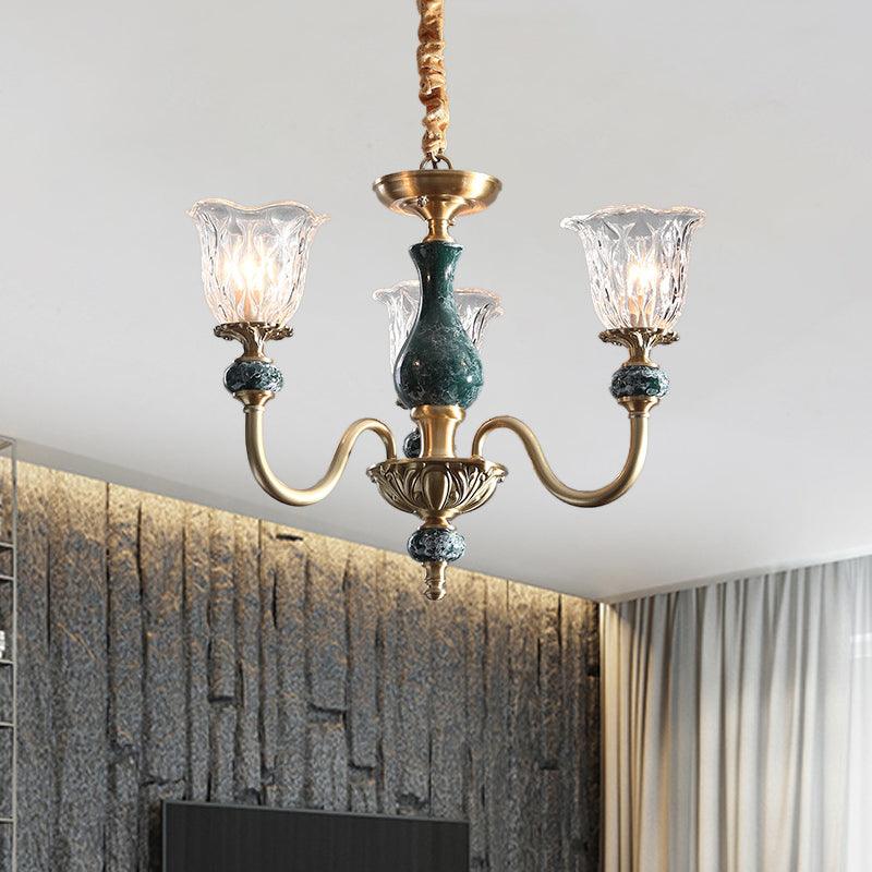 Clear Glass Bloom Hanging Light Antique 3/8 Heads Gold Chandelier - Rebooters