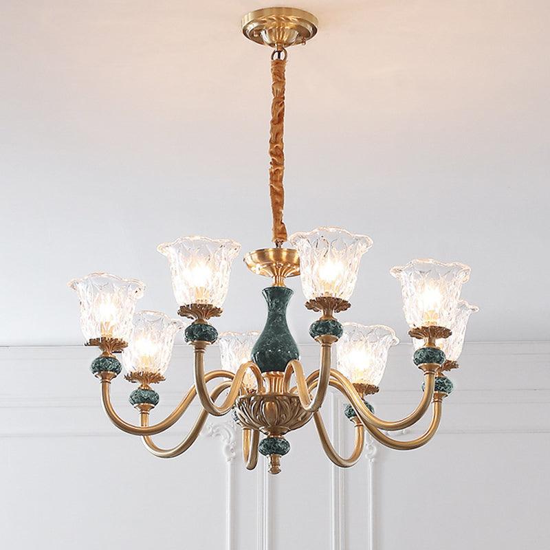 Clear Glass Bloom Hanging Light Antique 3/8 Heads Gold Chandelier - Rebooters