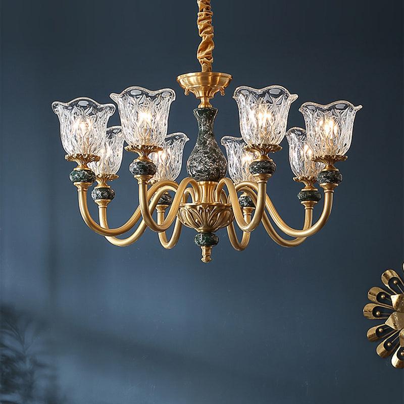 Clear Glass Bloom Hanging Light Antique 3/8 Heads Gold Chandelier - Rebooters