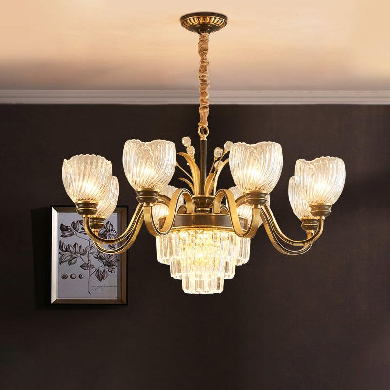 Curvy Arm Living Room Chandelier Classic Clear Prismatic Glass 8-Light Gold Pendant - Rebooters
