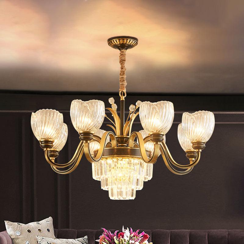 Curvy Arm Living Room Chandelier Classic Clear Prismatic Glass 8-Light Gold Pendant - Rebooters