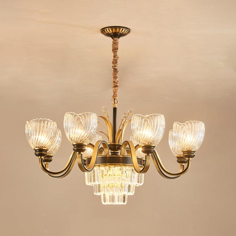 Curvy Arm Living Room Chandelier Classic Clear Prismatic Glass 8-Light Gold Pendant - Rebooters