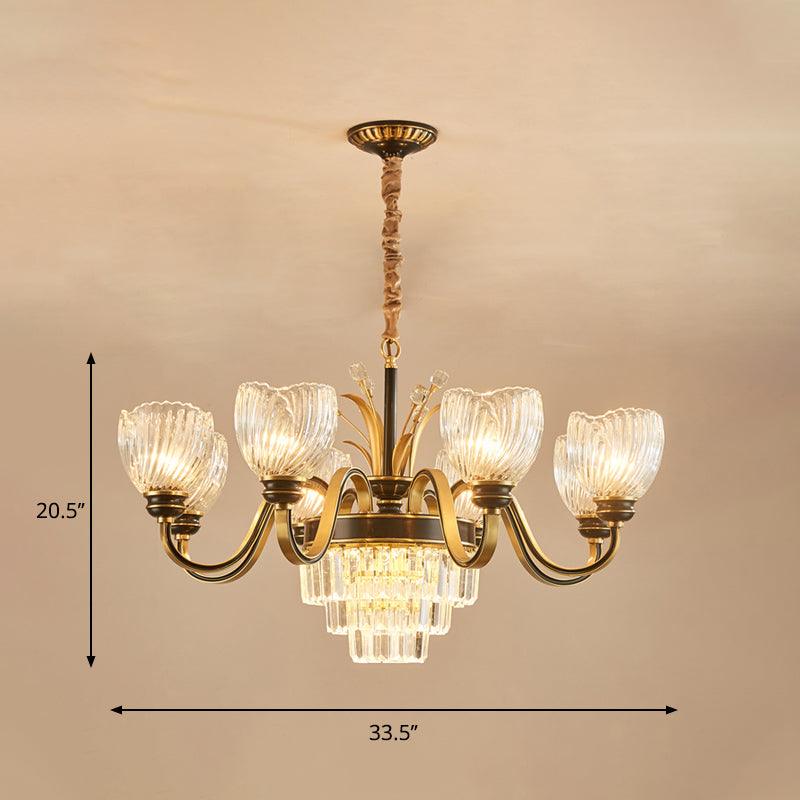 Curvy Arm Living Room Chandelier Classic Clear Prismatic Glass 8-Light Gold Pendant - Rebooters