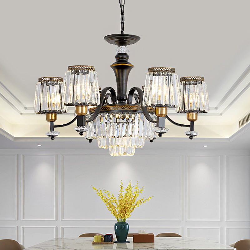 Black Conical Suspension Light Vintage Clear Crystal Block 3/6 Heads Dining Room Chandelier Lamp - Rebooters