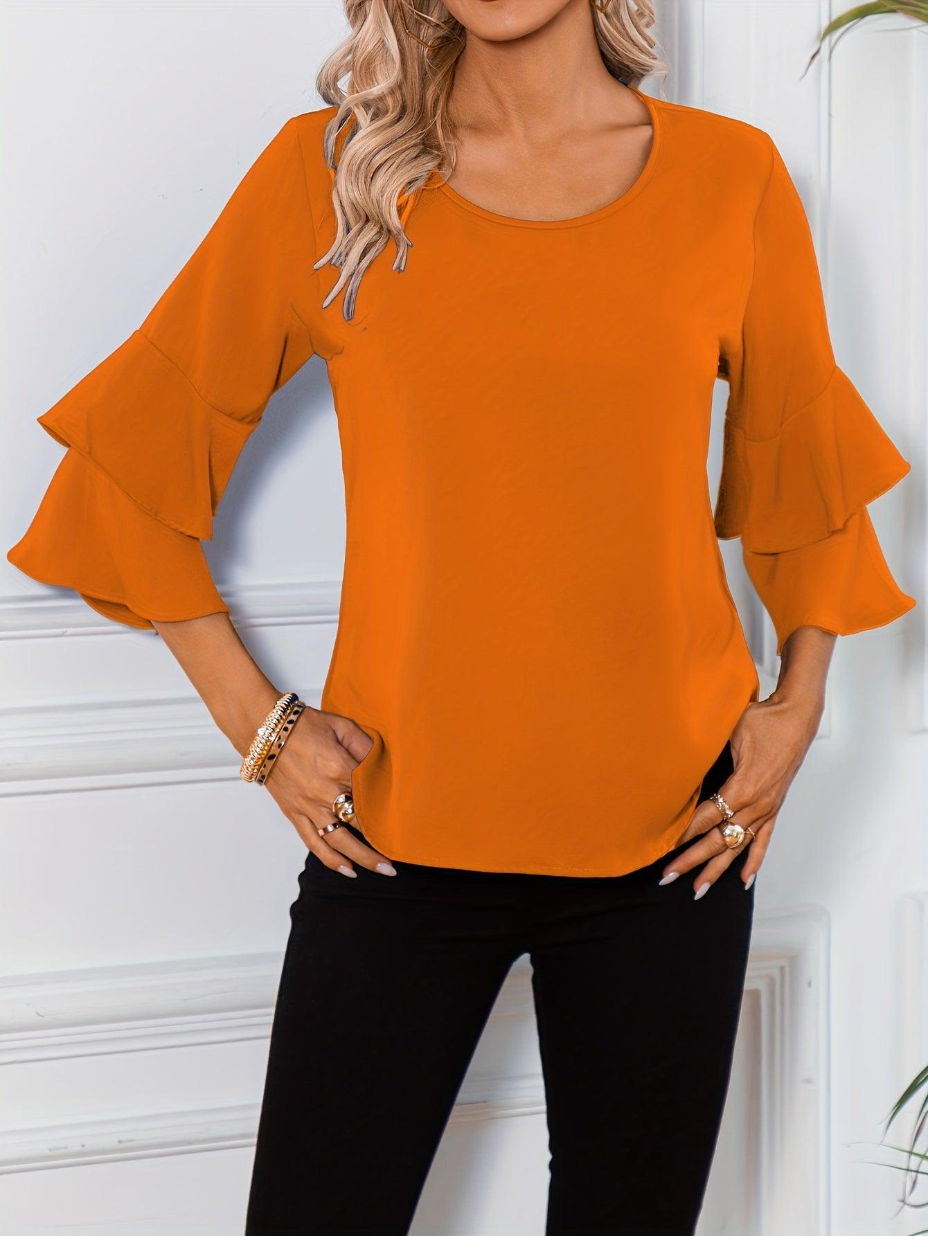 Ruffle Sleeve Blouse With Round Neckline For Women Rebooters Womens Shirts