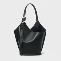 Black leather bucket bag with adjustable strap and silver buckle on white background