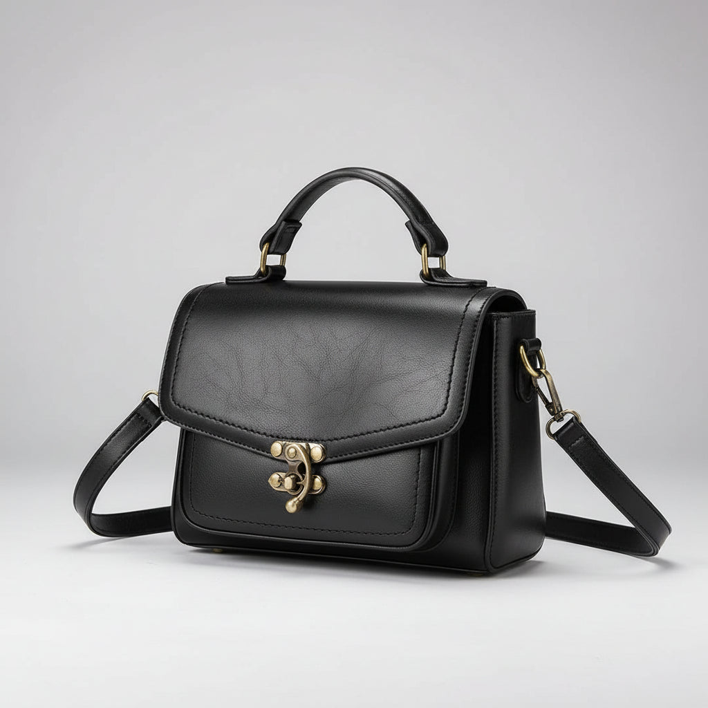 Black leather handbag with gold hardware and adjustable strap on a light background