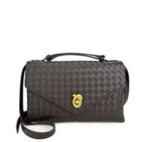 Black woven leather crossbody bag with gold clasp and adjustable strap