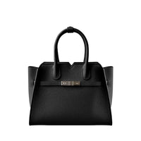 Black leather tote bag with double handles and silver buckle, minimalist handbag