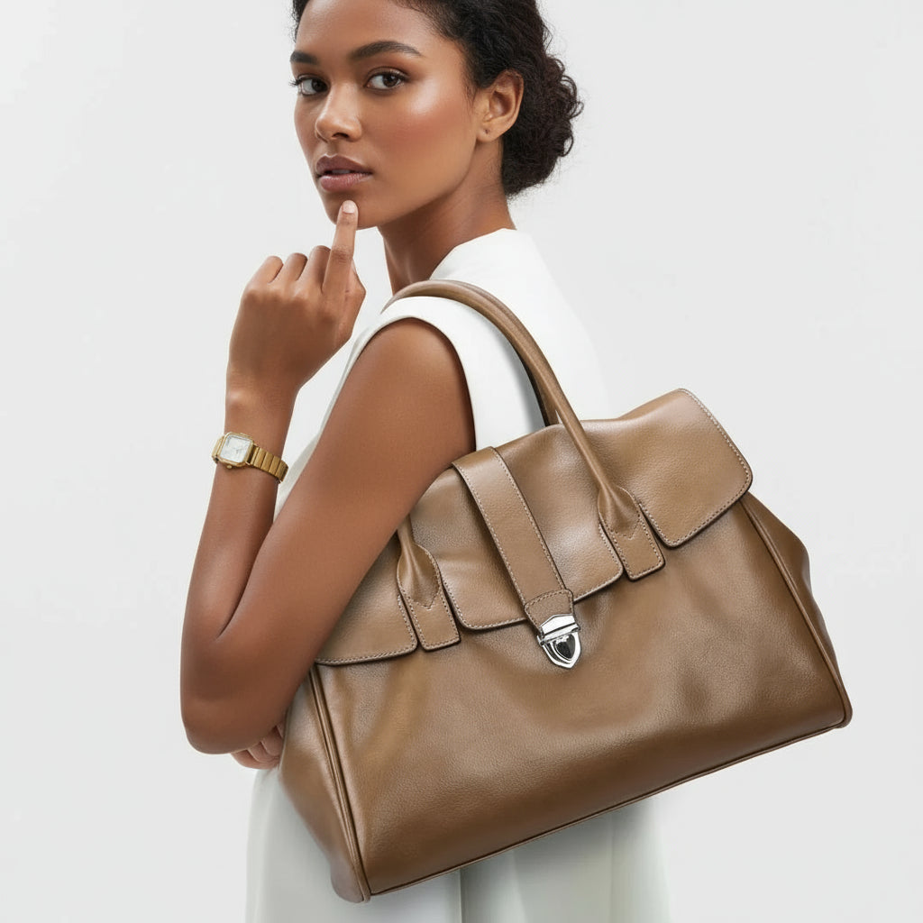 Woman in white dress carrying large tan leather handbag on shoulder