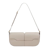 Beige rectangular leather shoulder bag with adjustable strap on white background