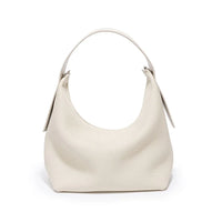 White leather hobo bag with textured finish and top handle on white background
