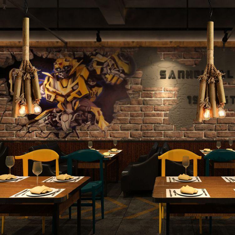 3 Lights Open Bulb Chandelier Light Bamboo Lodge Style Hanging Lamp - Rebooters