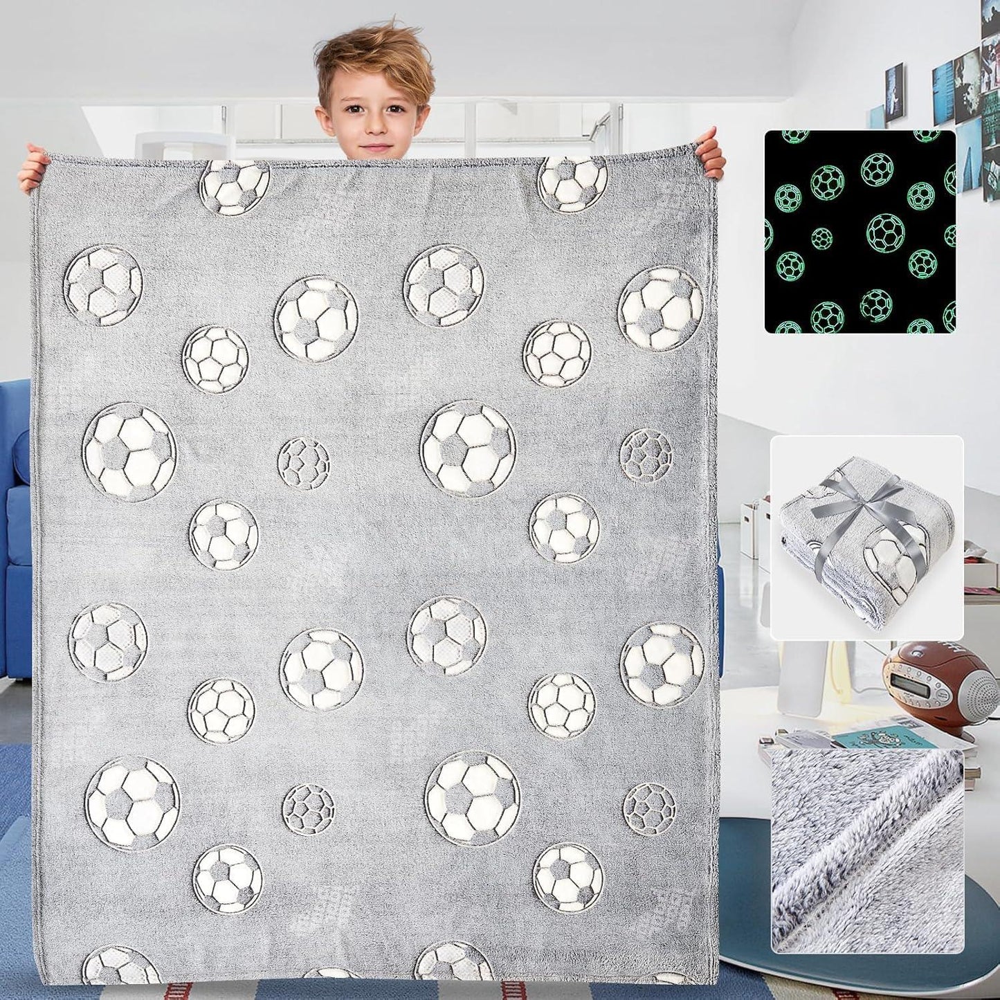 Glow-in-the-Dark Football Blanket – 130 × 150 cm, Kids, Soft Throw, Luminous Print