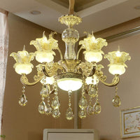 6 Lights Floral Hanging Chandelier Mid-Century Gold Crystal Lamp - Rebooters