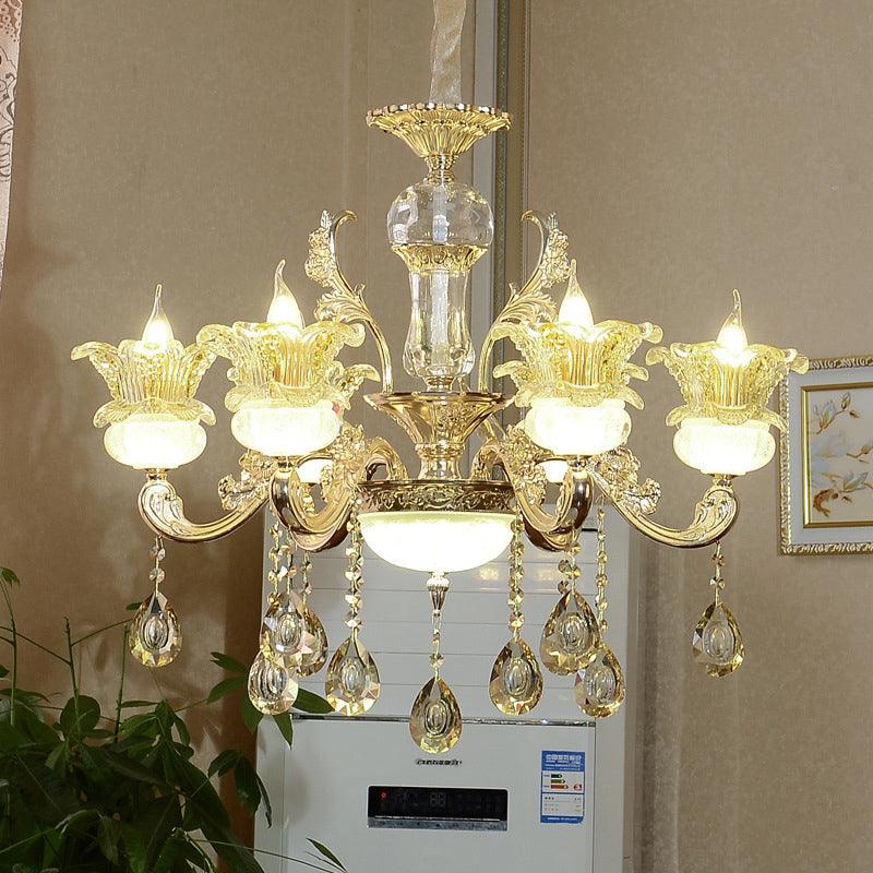 6 Lights Floral Hanging Chandelier Mid-Century Gold Crystal Lamp - Rebooters