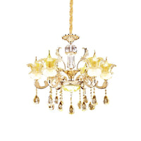 6 Lights Floral Hanging Chandelier Mid-Century Gold Crystal Lamp - Rebooters