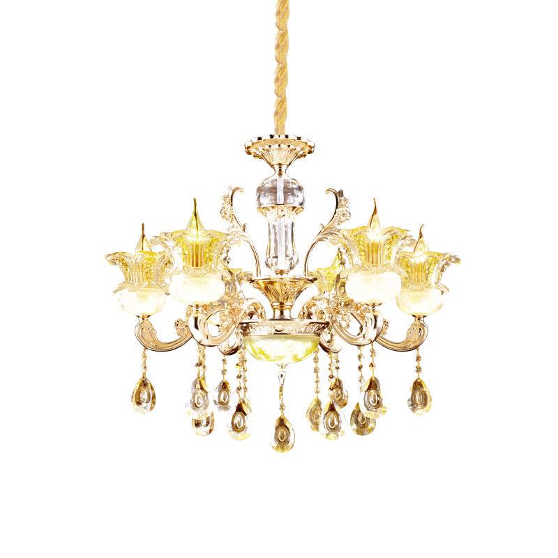 6 Lights Floral Hanging Chandelier Mid-Century Gold Crystal Lamp - Rebooters