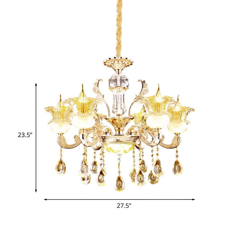 6 Lights Floral Hanging Chandelier Mid-Century Gold Crystal Lamp - Rebooters