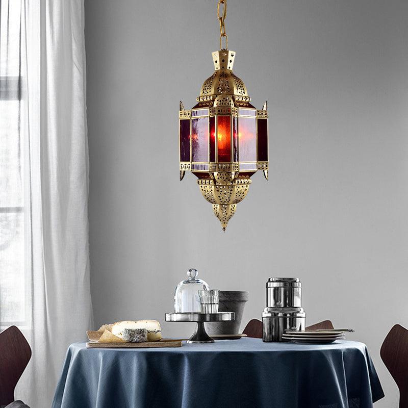 3 Heads Red Glass Suspension Light Arabian Brass Lantern Pendant Chandelier - Rebooters