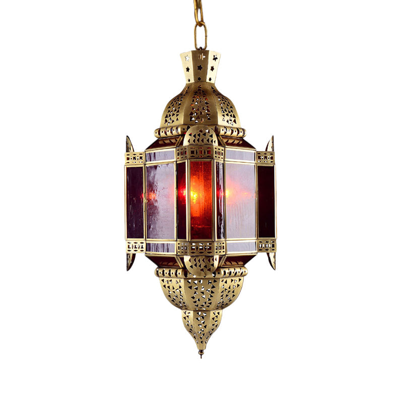 3 Heads Red Glass Suspension Light Arabian Brass Lantern Pendant Chandelier - Rebooters