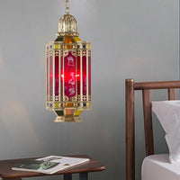Arab Lantern Hanging Chandelier 3 Heads Red Glass Pendant Ceiling Light in Brass for Corridor - Rebooters