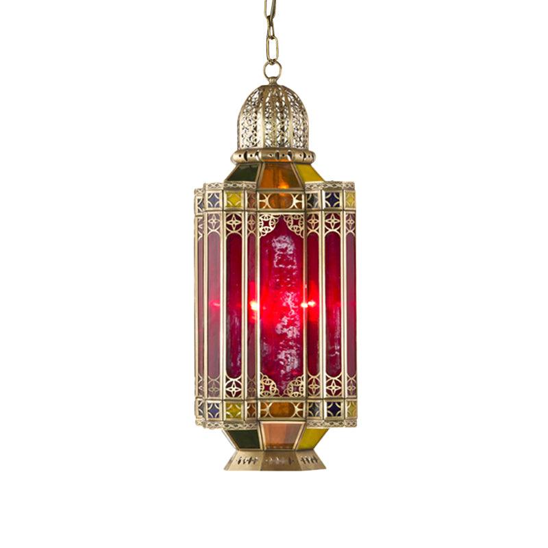 Arab Lantern Hanging Chandelier 3 Heads Red Glass Pendant Ceiling Light in Brass for Corridor - Rebooters