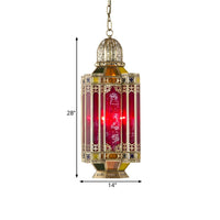 Arab Lantern Hanging Chandelier 3 Heads Red Glass Pendant Ceiling Light in Brass for Corridor - Rebooters