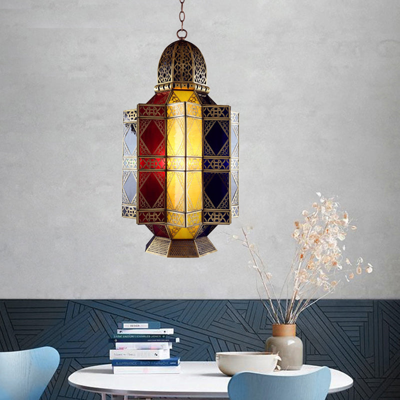 Colored Glass Brass Chandelier Lantern 3 Heads Arabian Pendant Light - Rebooters