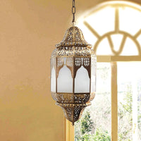Antique Lantern Hanging Lamp 4 Bulbs Frosted Glass Ceiling Chandelier in Brass - Rebooters