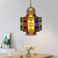 4-Head Metal Pendant Lighting Arab Lantern Stained Glass Chandelier in Brass - Rebooters