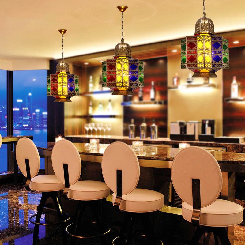 4-Head Metal Pendant Lighting Arab Lantern Stained Glass Chandelier in Brass - Rebooters