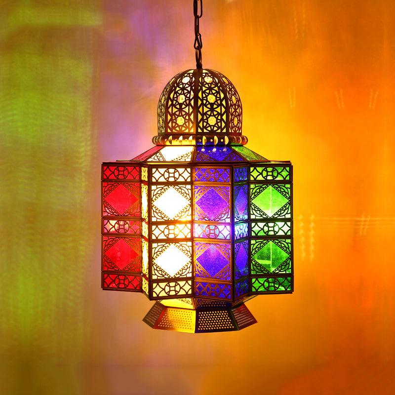 4-Head Metal Pendant Lighting Arab Lantern Stained Glass Chandelier in Brass - Rebooters